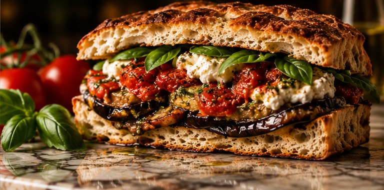 A&rsquo; Vittoria — olive oil roasted eggplant, sun-dried tomato pesto, ricotta salata and basil on schiacciata
